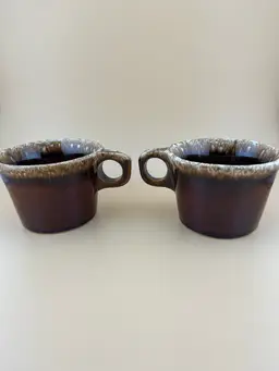 4 Vintage Hull USA Crestone Round O Handle Oven Proof Brown Drip Glaze Coffee cup/mug