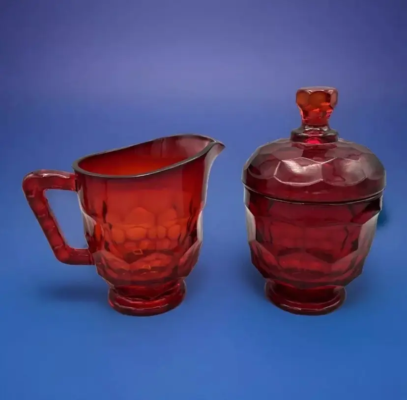 Viking Georgian Vintage Cranberry Red Glass Honeycomb Sugar Bowl & Creamer