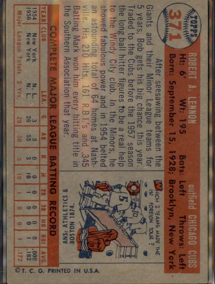 1957 Topps #371 Bob Lennon - (pk1) - Chicago Cubs
