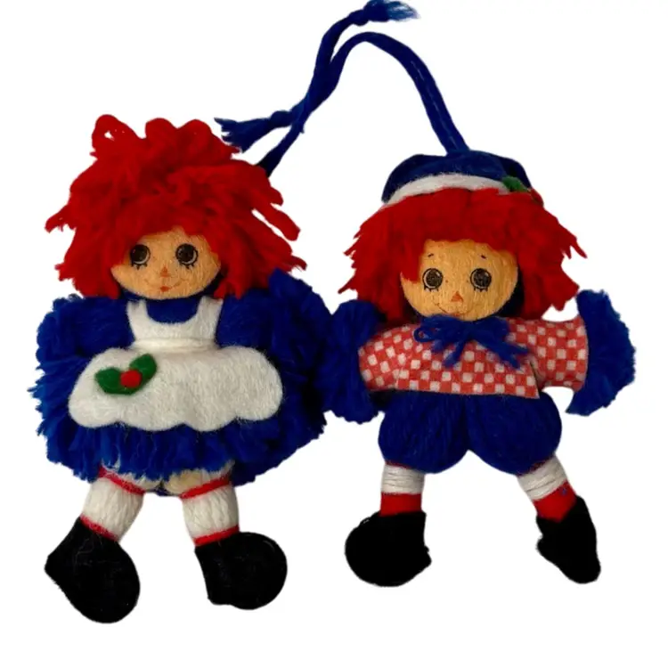 1975 Bobbs Merrill Raggedy Ann and Andy Yarn Doll Christmas Ornaments Vintage