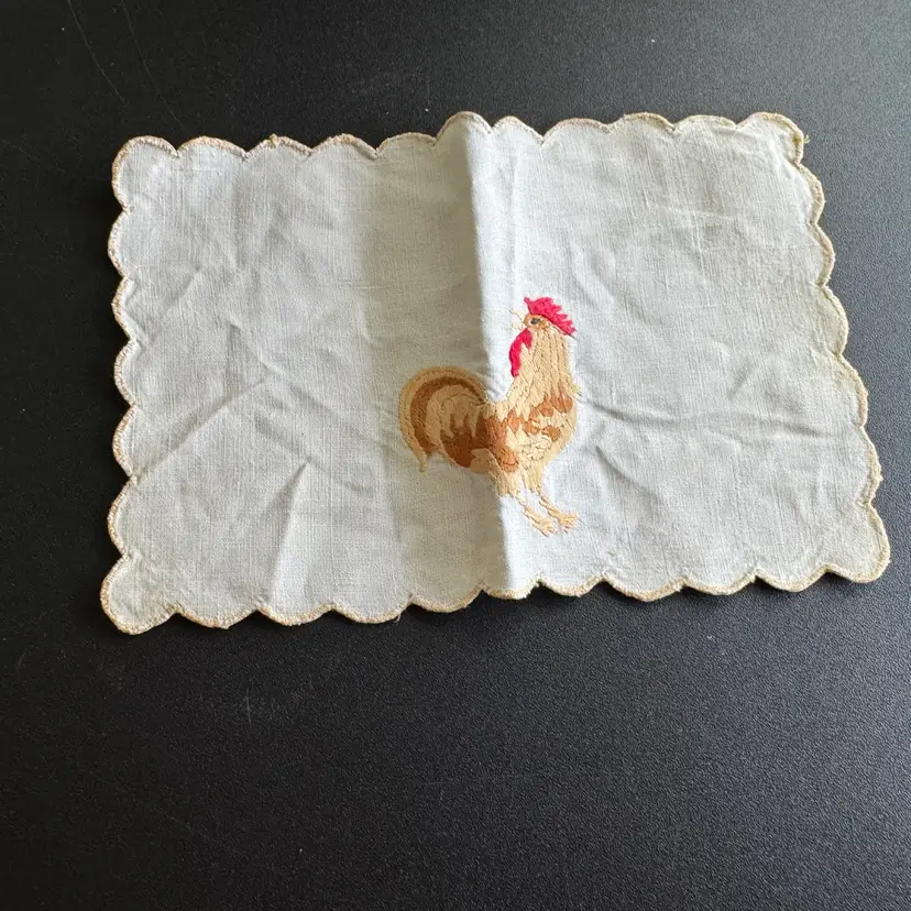 Embroidered Rooster Linen Doily