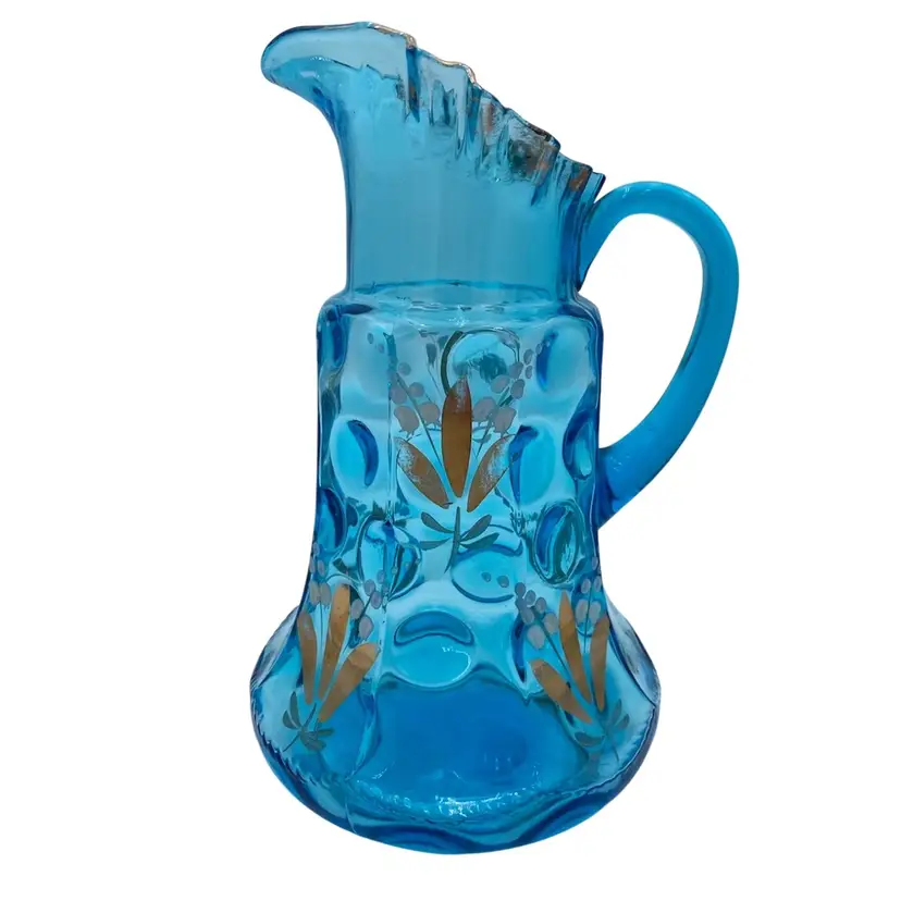 Antique Dugan Glass Company, Sky Blue Hand-Decorated Lemonade Pitcher, EAPG @1907