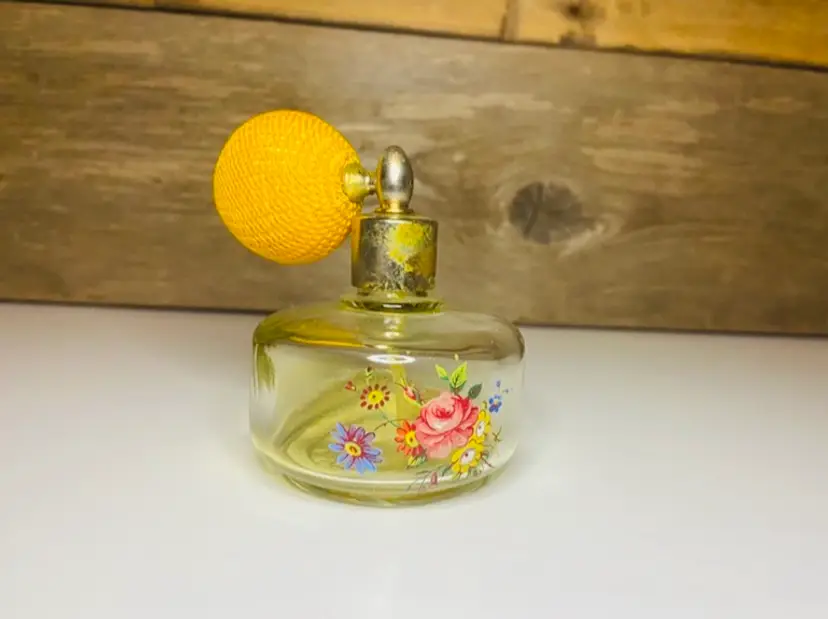 Vintage W.B. Co. Glass Perfume Bottle Atomizer with Hand Painted Flowers CottageCore Romantic Shabby Chic