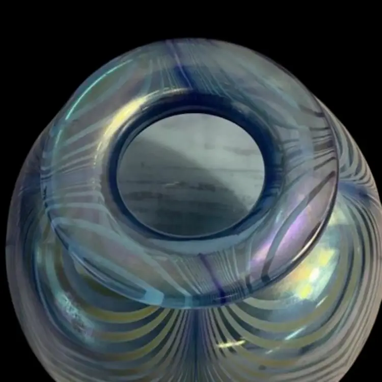 Stuart Abelman Pulled Feather Smoke Blue Iridescent Art Glass Vase 5 3/5” Signed No Noted Flaws