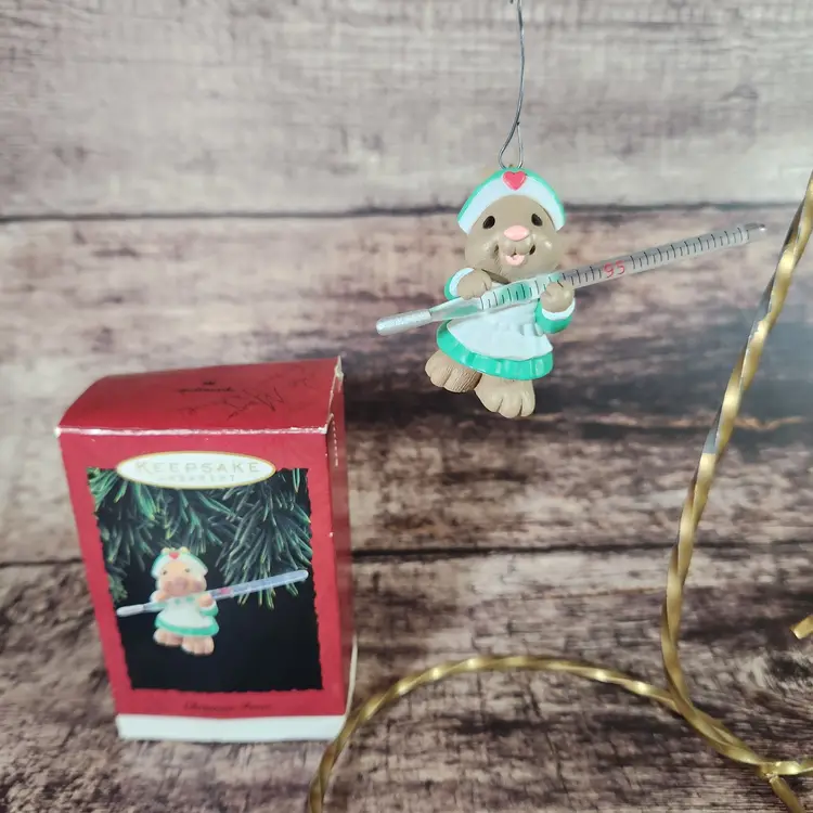 Christmas Fever Nurse Rabbit Hallmark Bunny Holding Thermometer Vintage Medical Professional Ornament - 1995