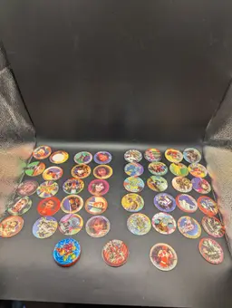 Vintage 1990's Lot of 43/50 Mighty Morphin Power Rangers Pog Set With Plastic Enemy Pog.