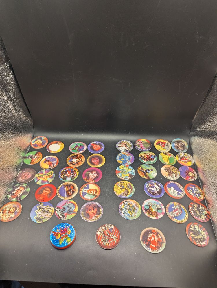 Vintage 1990's Lot of 43/50 Mighty Morphin Power Rangers Pog Set With Plastic Enemy Pog.