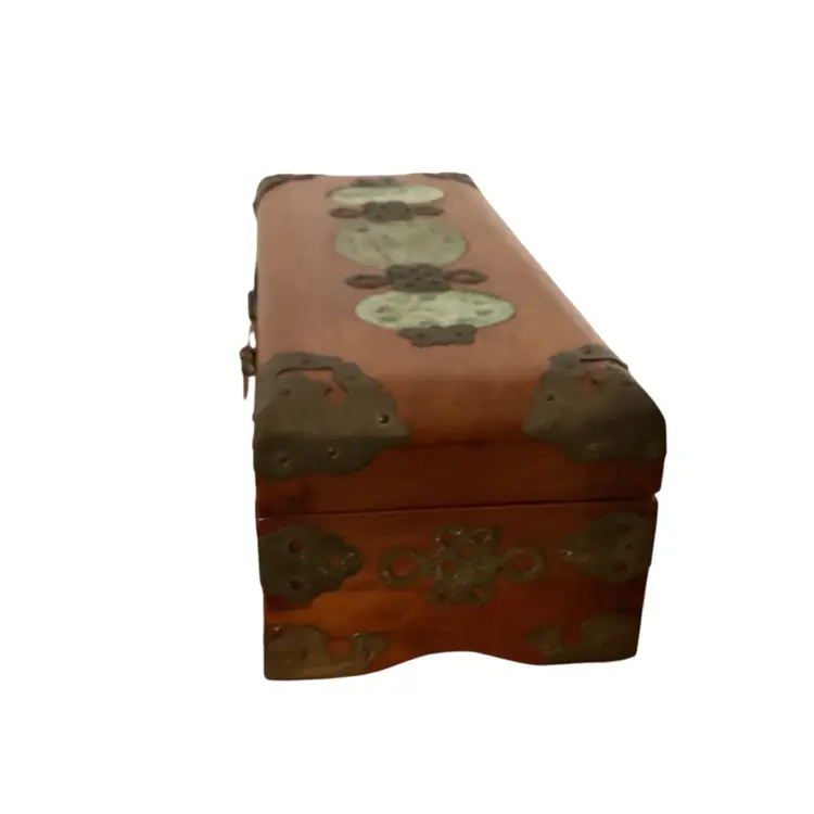 Vintage Chinese Wooden Jewelry Box with Ornate Brass &  Jade Silk Lined