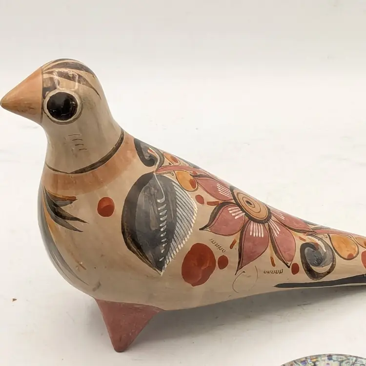 Vintage Tonala Mexican Pottery Bird Figurine Hand Painted Folk Art Blue Floral