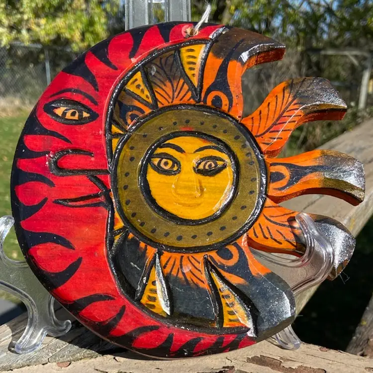 Sun & Moon Hanging Wall Decor. Hand-carved And Painted. Unsigned. 7”.