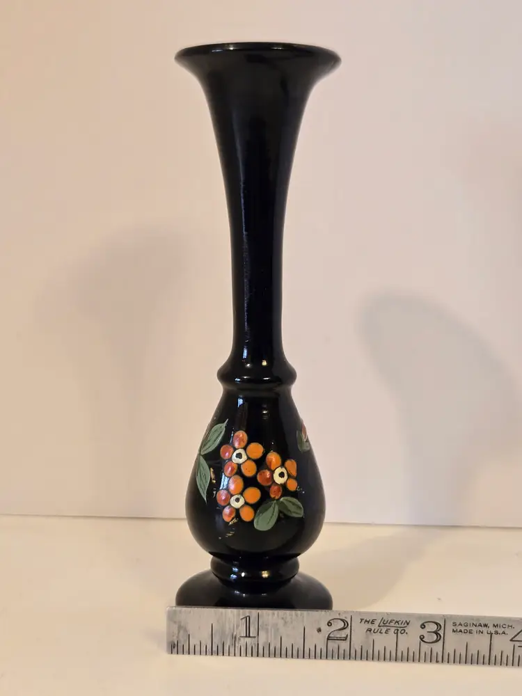 Hand Painted Flowers Black Glass Bud Vase