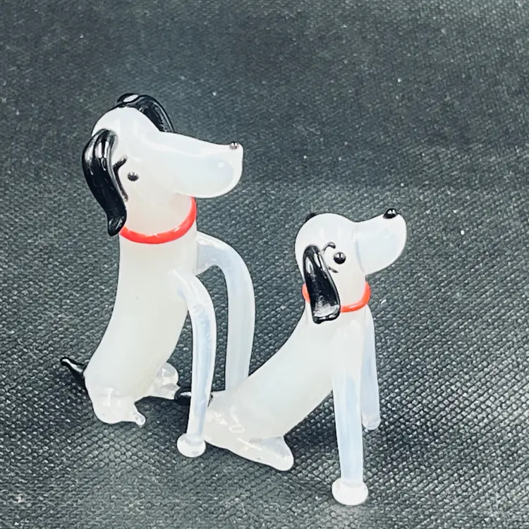 Blown Glass Dogs Set of 2 White and Black Cute Dogs
