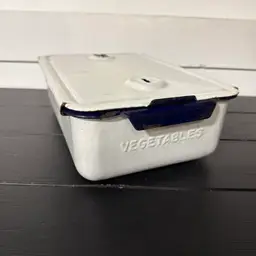 Vintage Enamel Vegetables Refrigerator Bin, White W/  Blue Trim, Emboss Writing