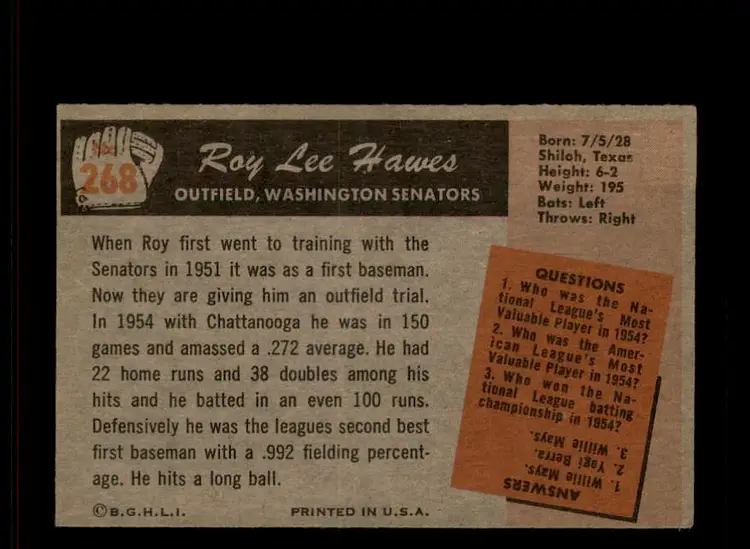 1955 Bowman #268 Roy Lee Hawes - (pk-tl3) - Washington Senators