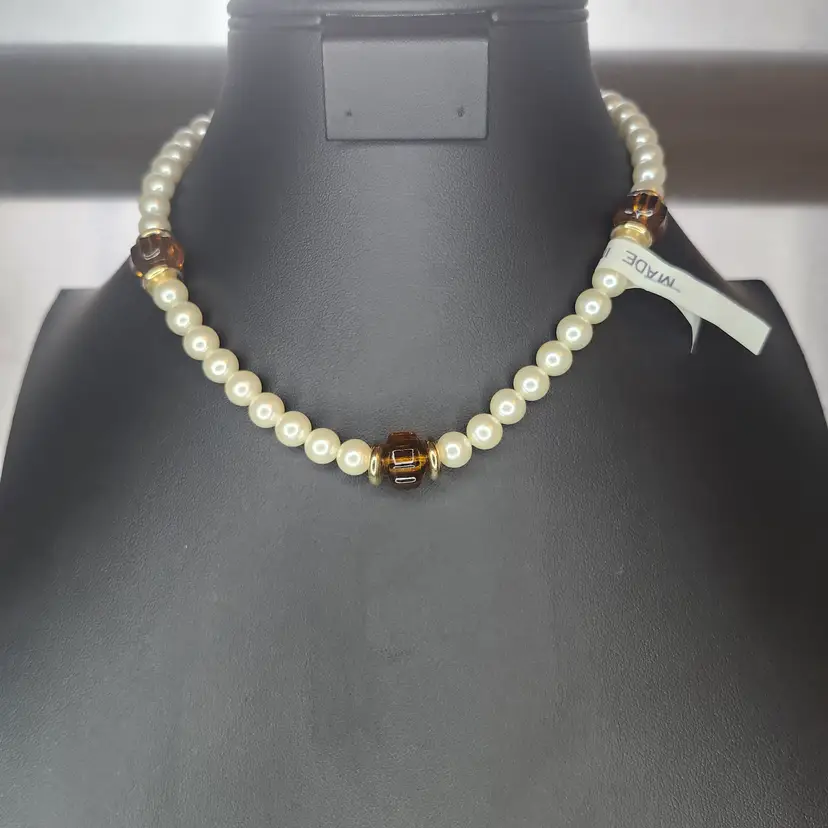 Classic Pearl & Amber Bead Necklace 16 inches Made in Japan