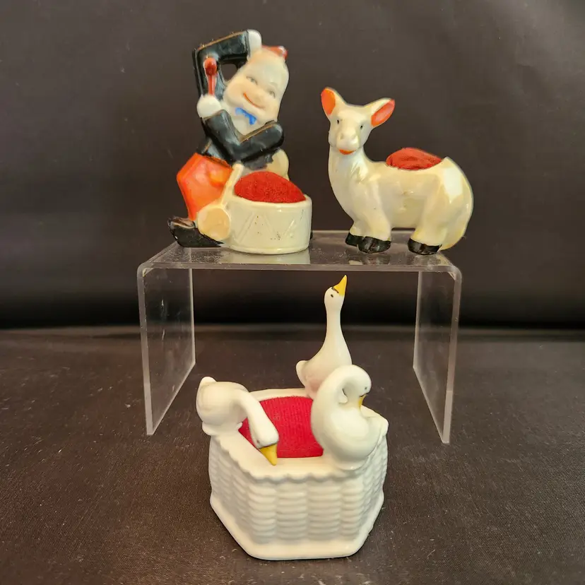 Set of 3 Vintage Pin Cushions Sewing Room Decor Notions Lusterware Man Playing Drum Donkey Goose Geese - Japan