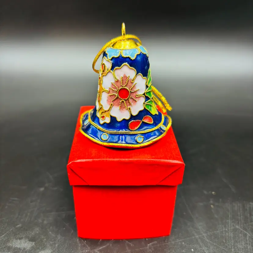Cloisonne Enamel Metal Christmas Ornament Bell Pink Flower on Blue Background 2"