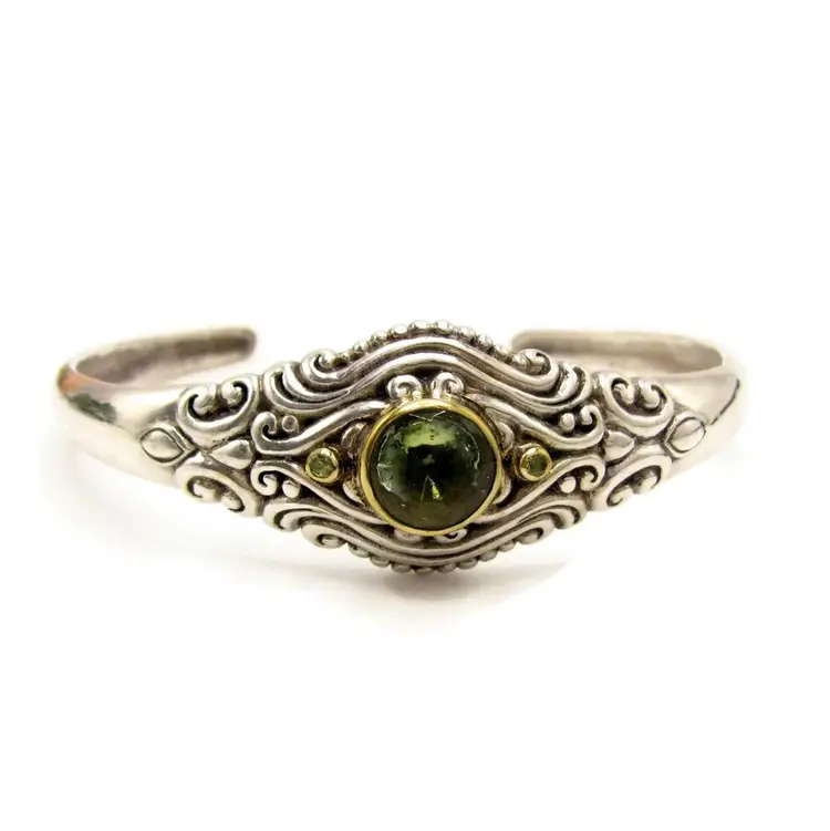 Fabulous Sterling Scroll Cuff Silver Green Stone Vintage