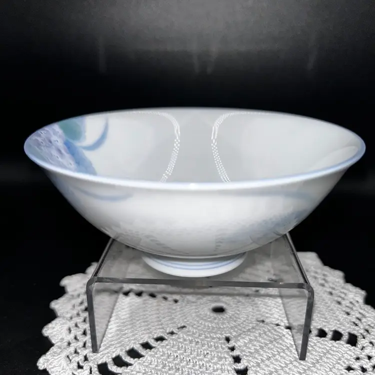 Vintage Japanese Porcelain Kutani Blue White Hydrangea Porcelain Rice Bowl