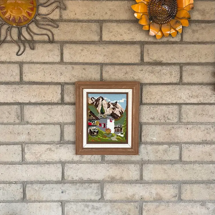 Framed Needlepoint Alpine Mountain Landscape Village House Vintage Cottagecore 12.5x14.5"