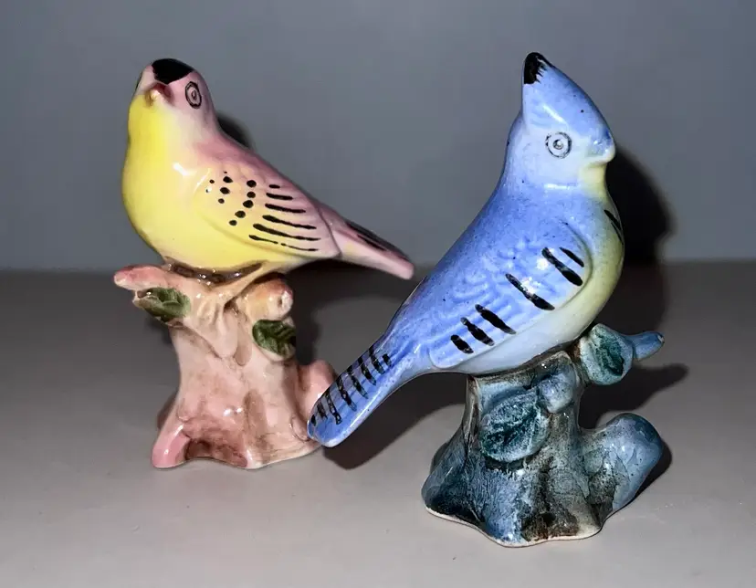 Vintage Pair Of Japan Porcelain Birds 3” Blue Jay And Pink Bird