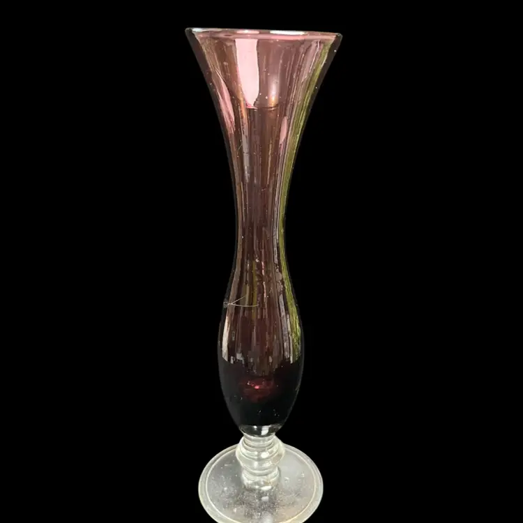 8" Vintage Amethyst Etched Glass Bud Vase w/ Clear Base
