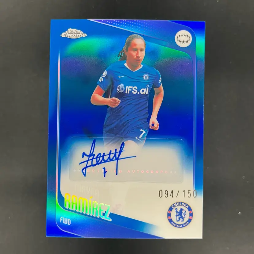 Mayra Ramirez 2025/26 Topps Chrome UWCL Autograph Blue /150 Chelsea Soccer Card