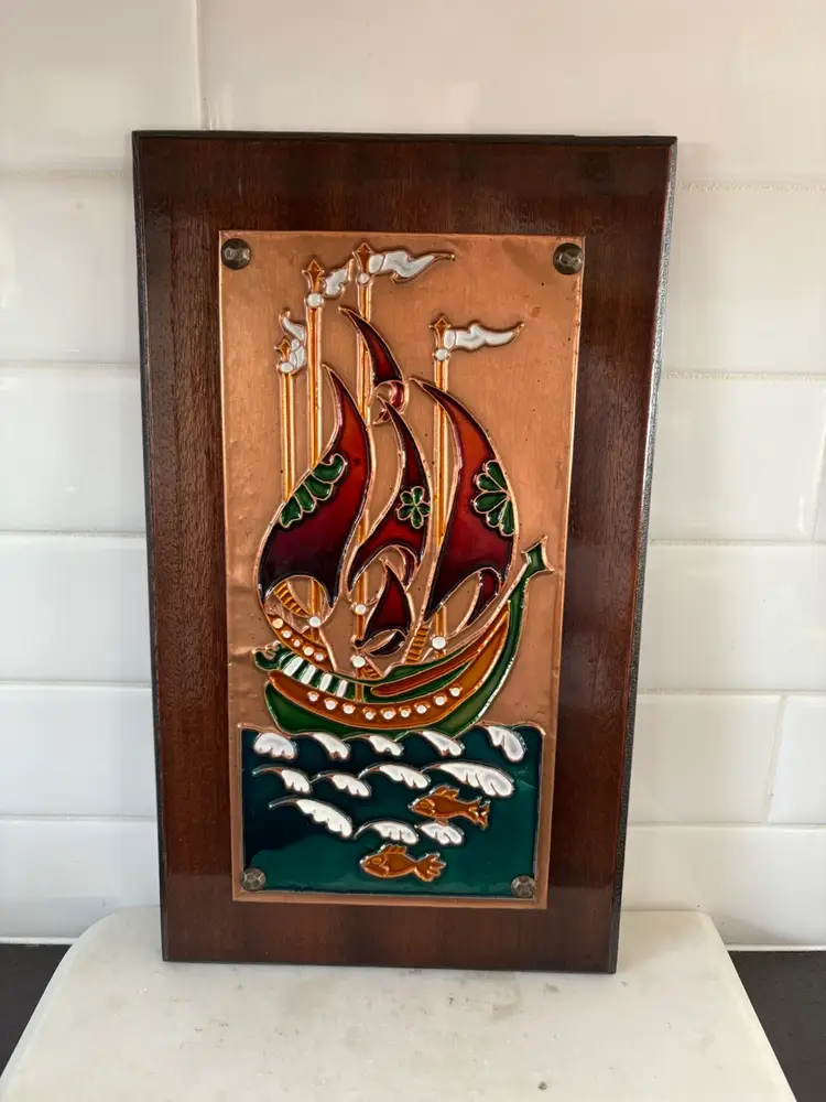 Vintage Hand Crafted Enamel On Copper On Wood Art Plaque