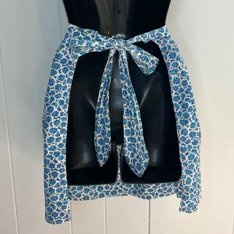 Vintage Handmade Half Apron Geometric Blue Print Pocket