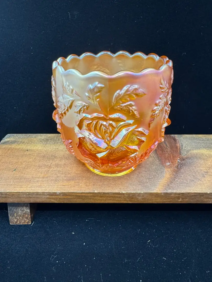 Vintage Dugan Marigold Carnival Glass Wreath of Roses Rose Bowl, 1910-20s, 3.5”