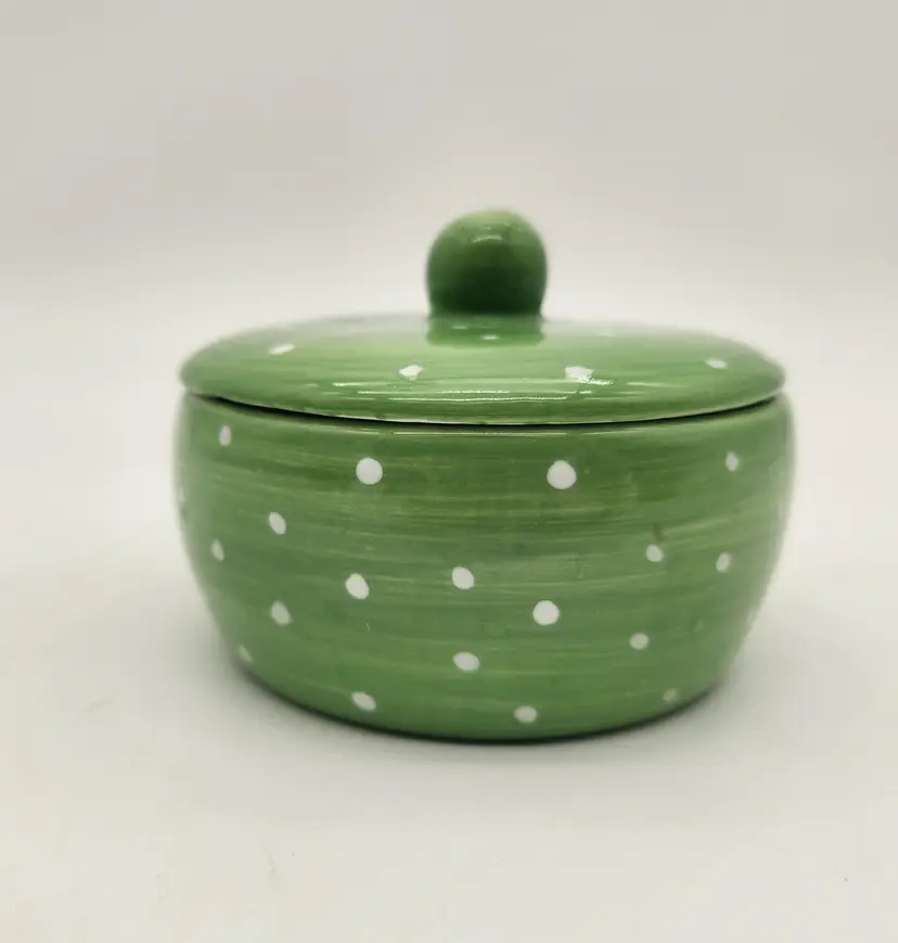 Lime Green With White Polka Dots Ceramic Lidded Trinket Dish Candy Dish
