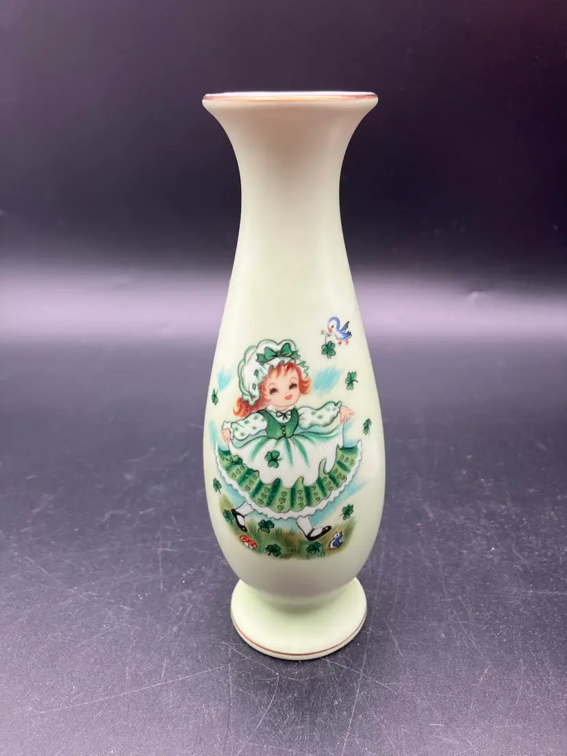 BIN - Vintage St. Patrick’s Day Lefton Porcelain Bud Vase with Girl, Clovers, And Bluebird 6.5”