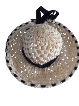 Vintage Estate cream woven raffia straw wide brim hat navy velvet ribbon trim