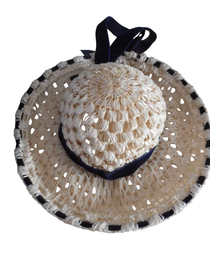 Vintage Estate cream woven raffia straw wide brim hat navy velvet ribbon trim