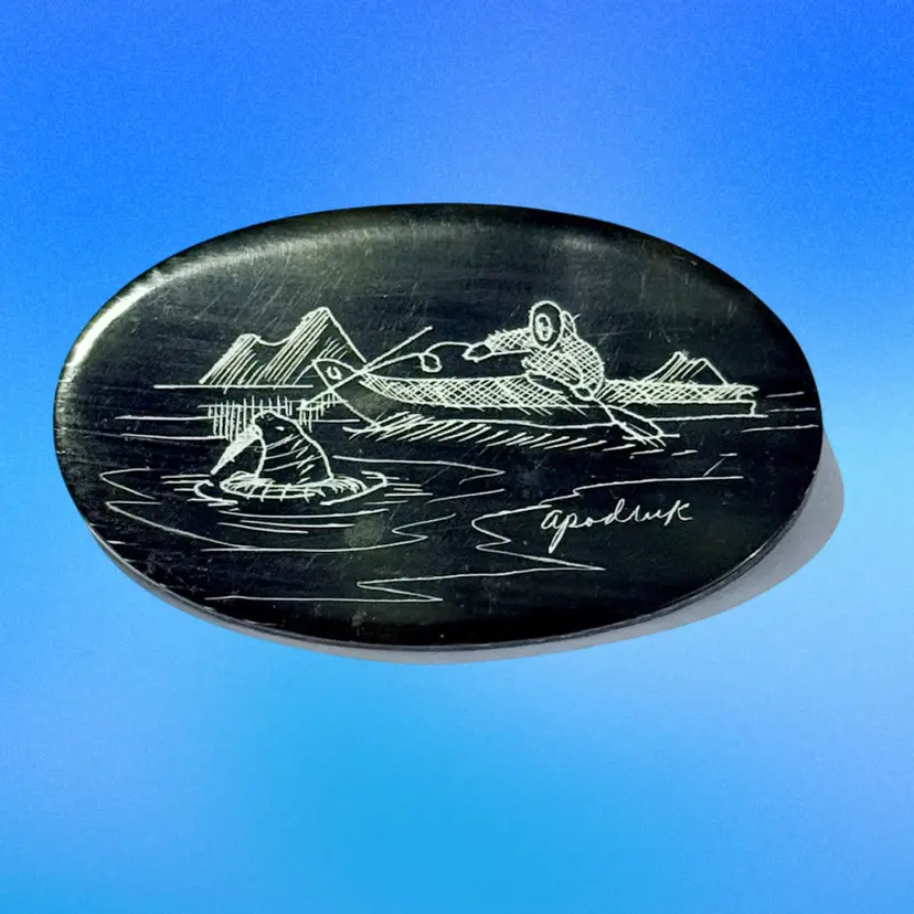 Vintage Signed Inupiaq Harry Apodruk Alaska Seal Hunter Kayak Scrimshaw Brooch