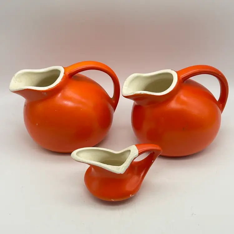 Vintage Lot Of 3 Ceramic Orange Tomato Red Creamer Pitchers Hall Pottery