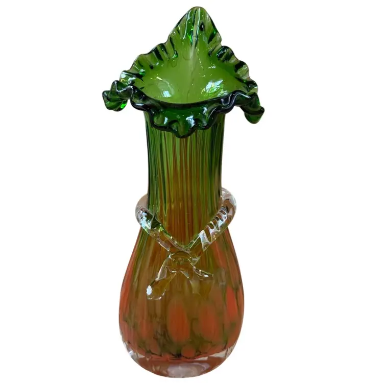 Art Glass Jack In the Pulpit Vintage Vase Orange and Green 9 3/4 inches Tall