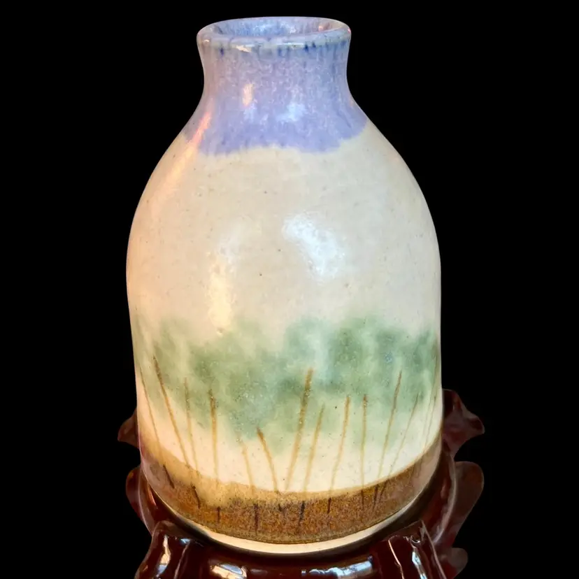 Image Artisan Signed Studio Pottery Vase Blue Green Tan  5” tall