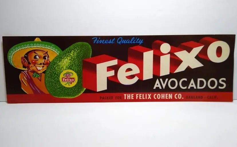 Felixo Avocados Crate Label 1950's Man In Mexican Sombrero Hat Vintage Original