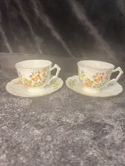 Set Of 2  Vintage Aynsley Bone China Cup & Saucers Cottage Garden  Butterfly