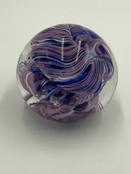 Karg Art Glass Round 3 Inch Paperweight Purple Blue White Swirled Crimped Ribbon