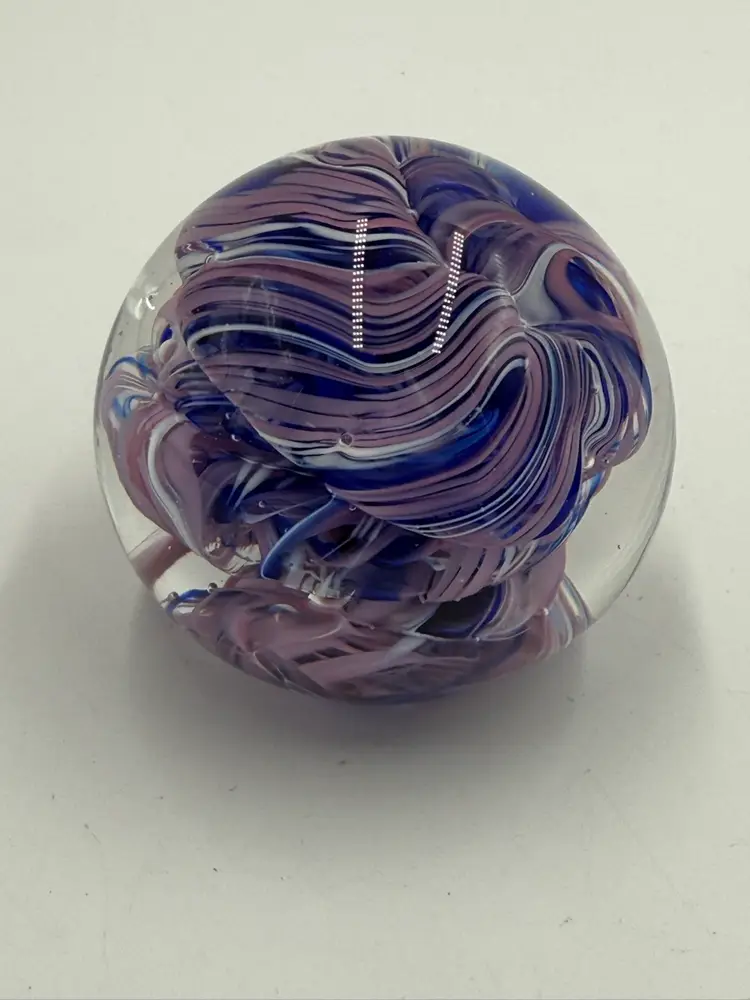 Karg Art Glass Round 3 Inch Paperweight Purple Blue White Swirled Crimped Ribbon