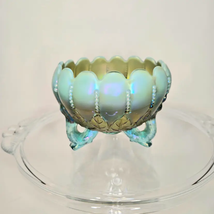 257  Antique Northwood Aqua Opal Rose Bowl Leaf & Beads Footed 1916 Marked