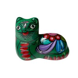 Mexican Talavera Pottery Green Folk Art Cat Figurine Hand Painted 3.5"