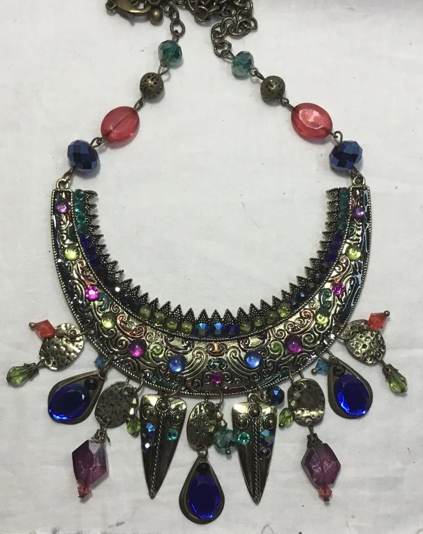 Vintage, Asian/Indian style necklace, brass tone, glass & acrylic stones, 9 pendants