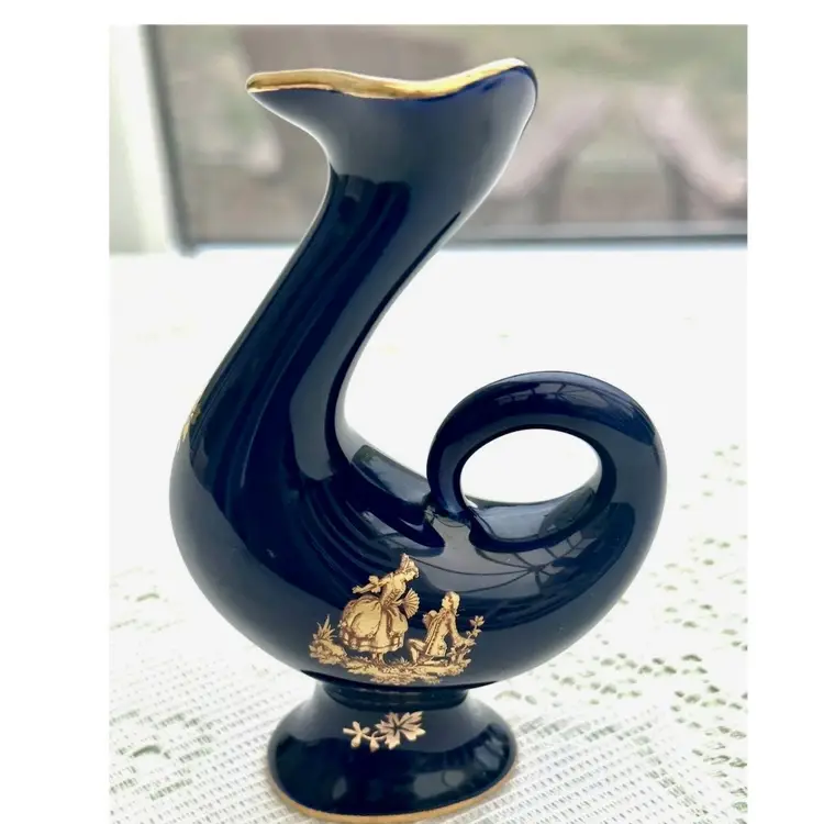 Unique Vintage Limoges France Cobalt Blue 22 Karat Gold 5.5” Vase Or Creamer