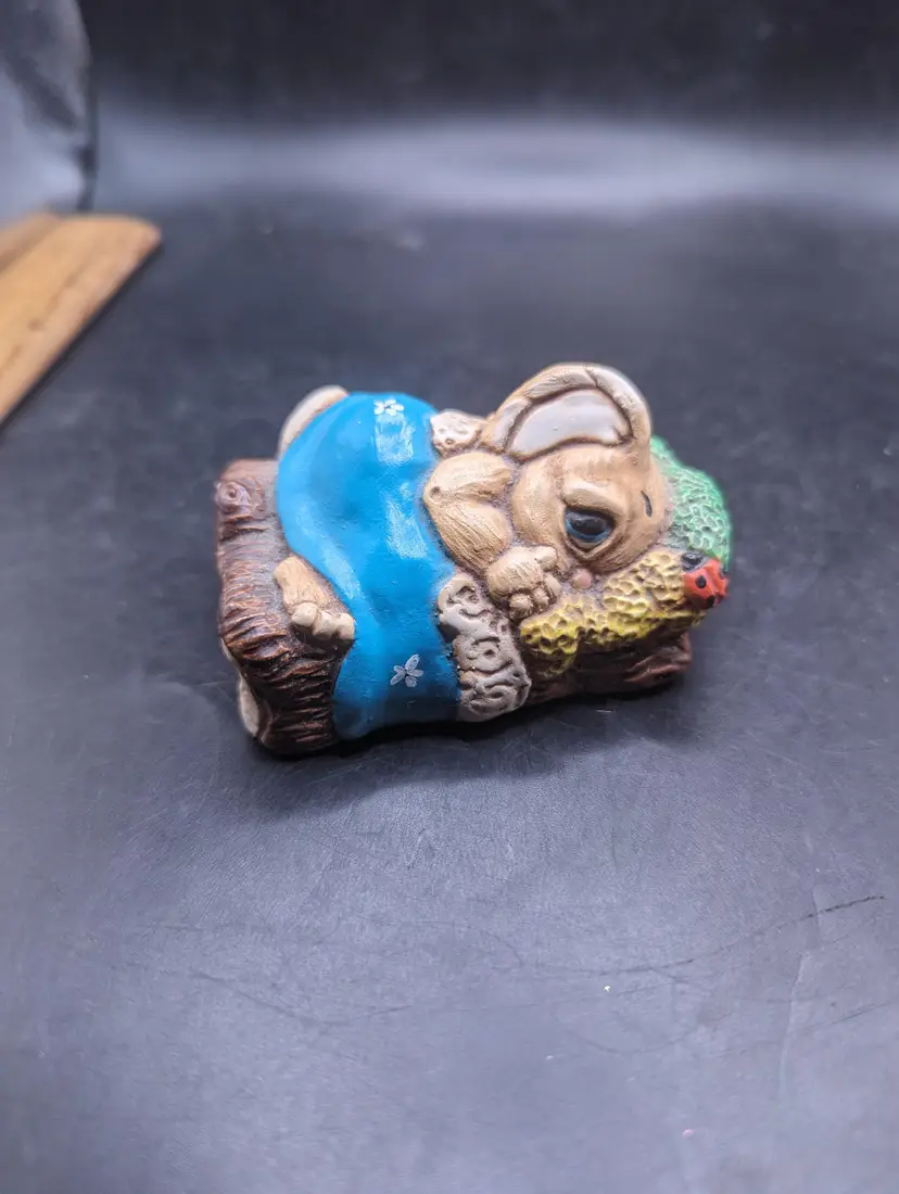 Vintage Woodlander Pendelfin Bunny 'Nipper' In Bed With Ladybug