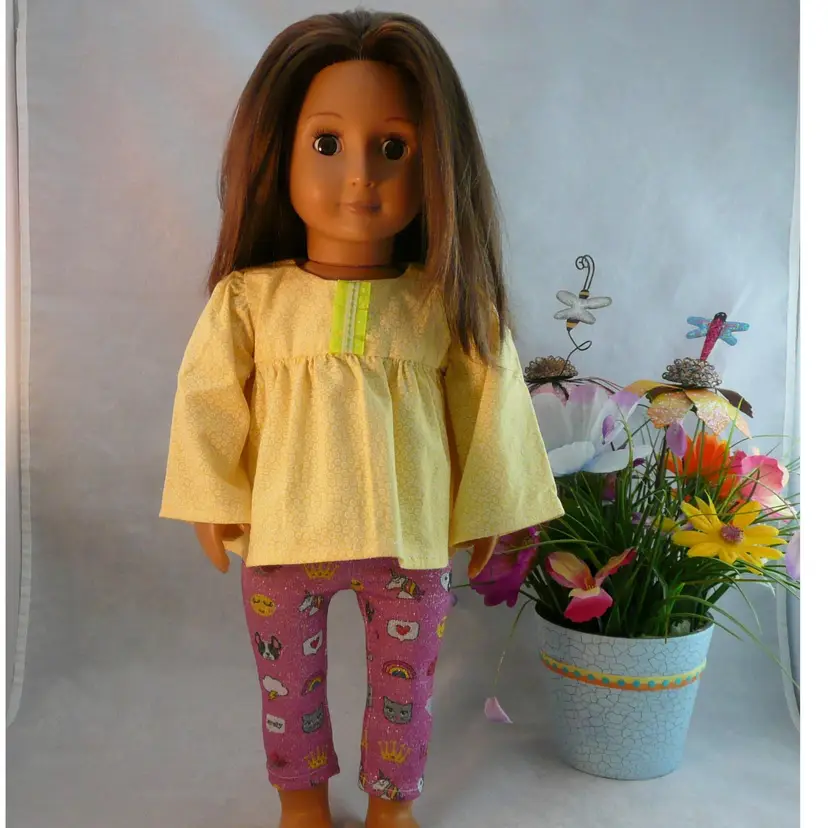 Handmade 18 inch Doll Yellow Print Boho Peasant Top Pink Print Leggings Repurposed Socks