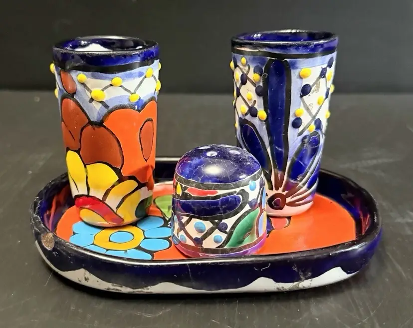 Tequilero Talavera Set Shot Glasses Salt Shaker Tray Mexico Hand Painted
