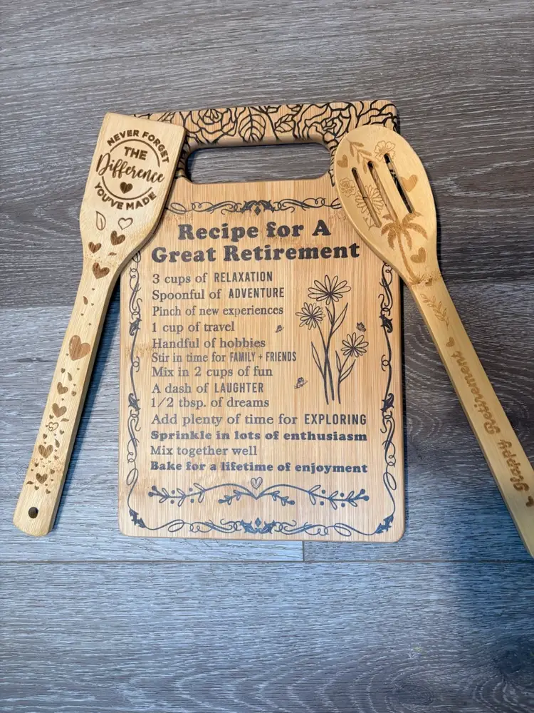 Bamboo cutting board set engraved with a "Recipe for A Great Retirement"